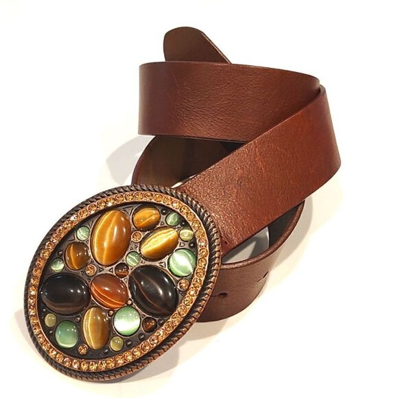 Sereno Italian Leather Brown Belt Jeweled Oval Anchor Buckle Size S - Picture 1 of 10